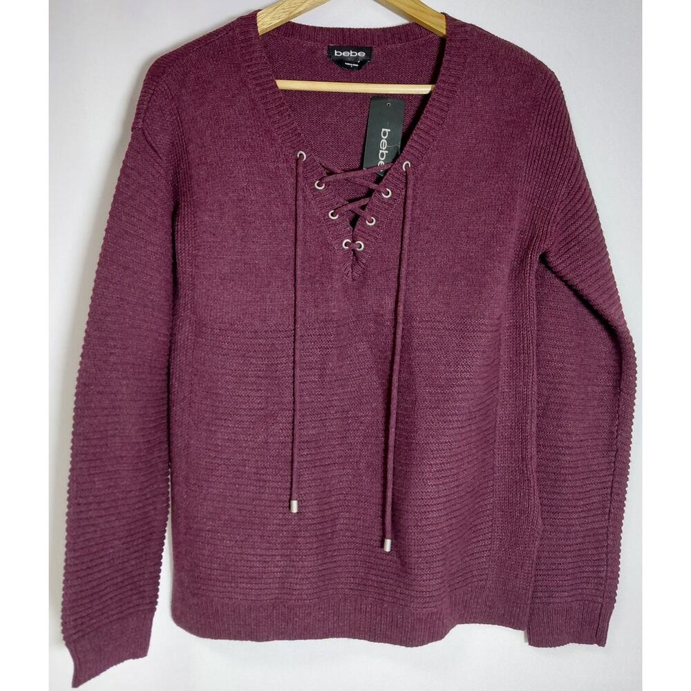 NWT bebe Knit Sweater Purple Solid Long Sleeve Women Size L